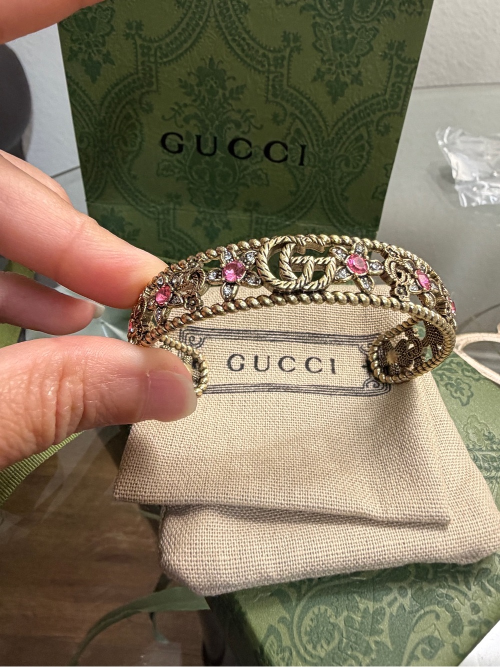 Gucci Gold-Tone Pink Crystal Logo Cuff Bracelet